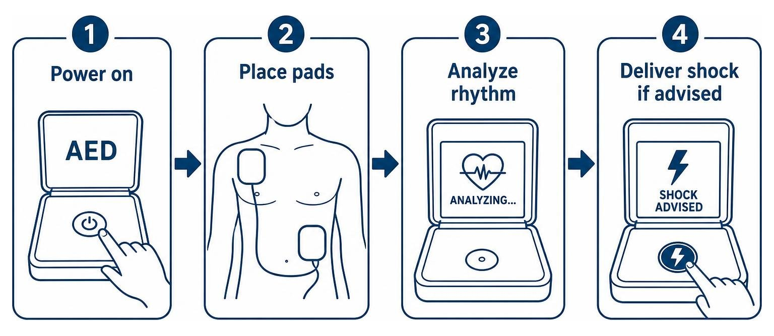 AED deployment steps: power on, place pads, analyze rhythm, deliver shock if advised
