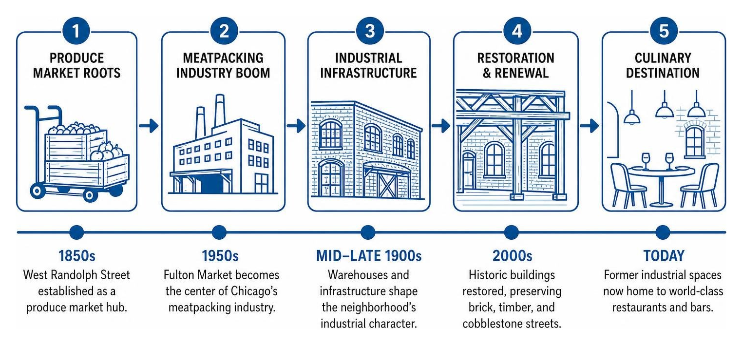 Historical transformation diagram of Fulton Market industrial meatpacking into culinary destination