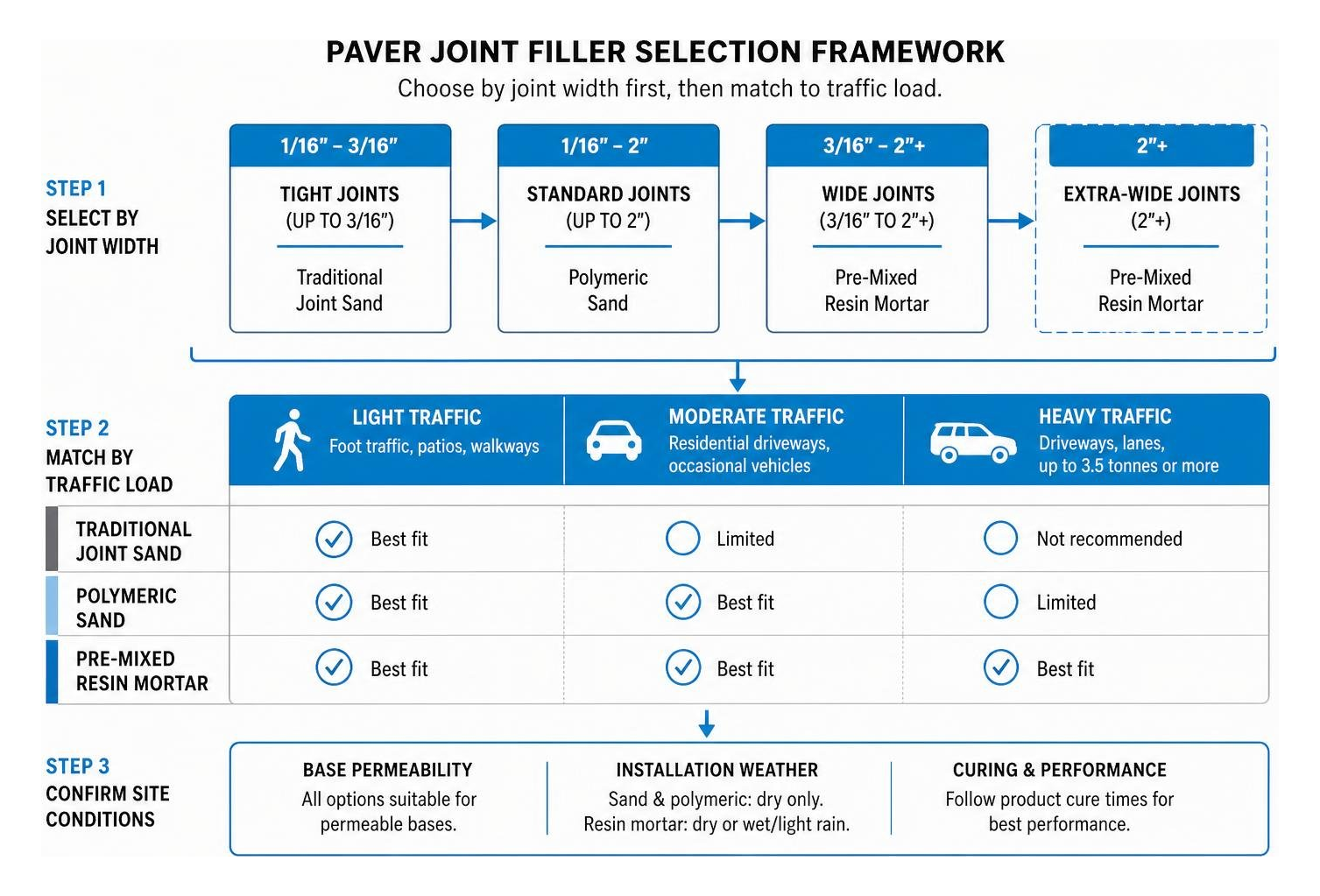 diagram illustrating paver joint filler selection framework based on width and traffic diagram illustrating paver joint filler selection framework based on width and traffic