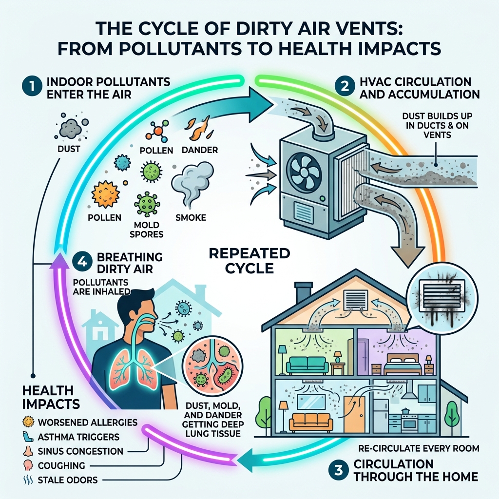 Cycle of indoor air pollutants, HVAC circulation, dust accumulation, and health impact infographic - dirty air vents
