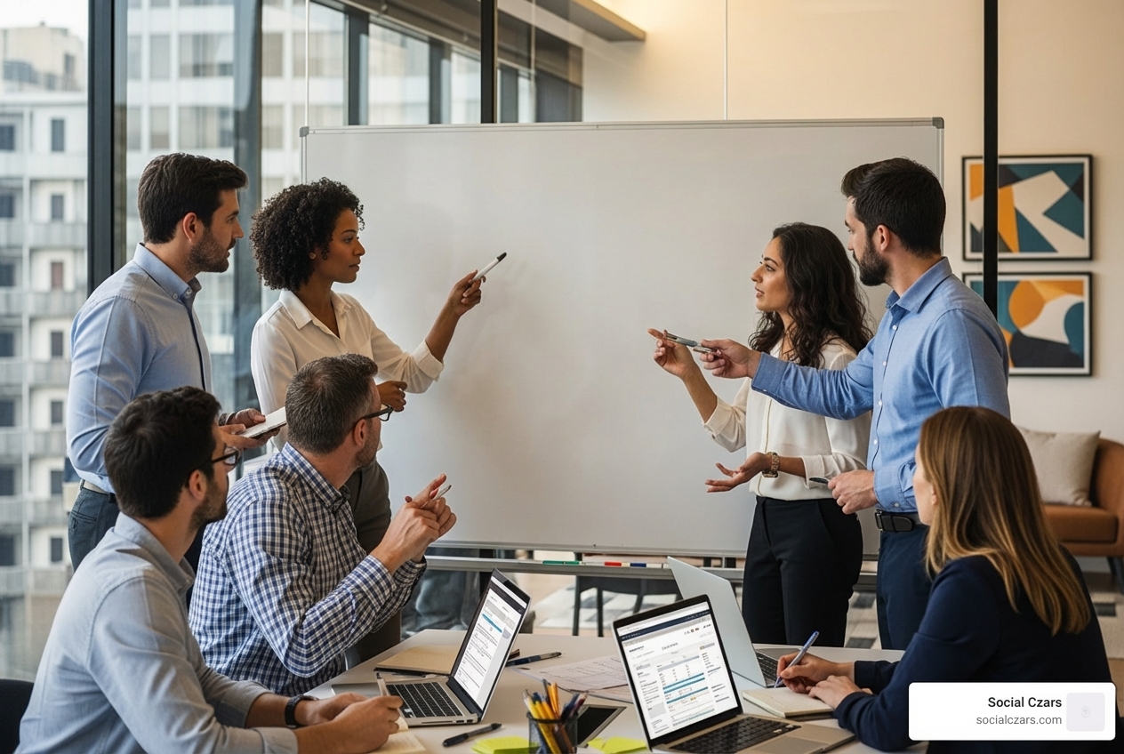 A team of professionals collaborating on a digital reputation strategy around a whiteboard - Digital reputation firm