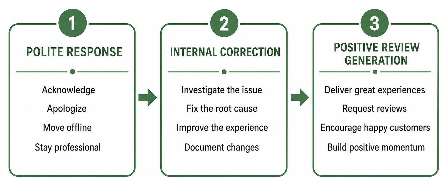 Reputation recovery framework: polite response, internal correction, and positive review generation Reputation recovery framework: polite response, internal correction, and positive review generation