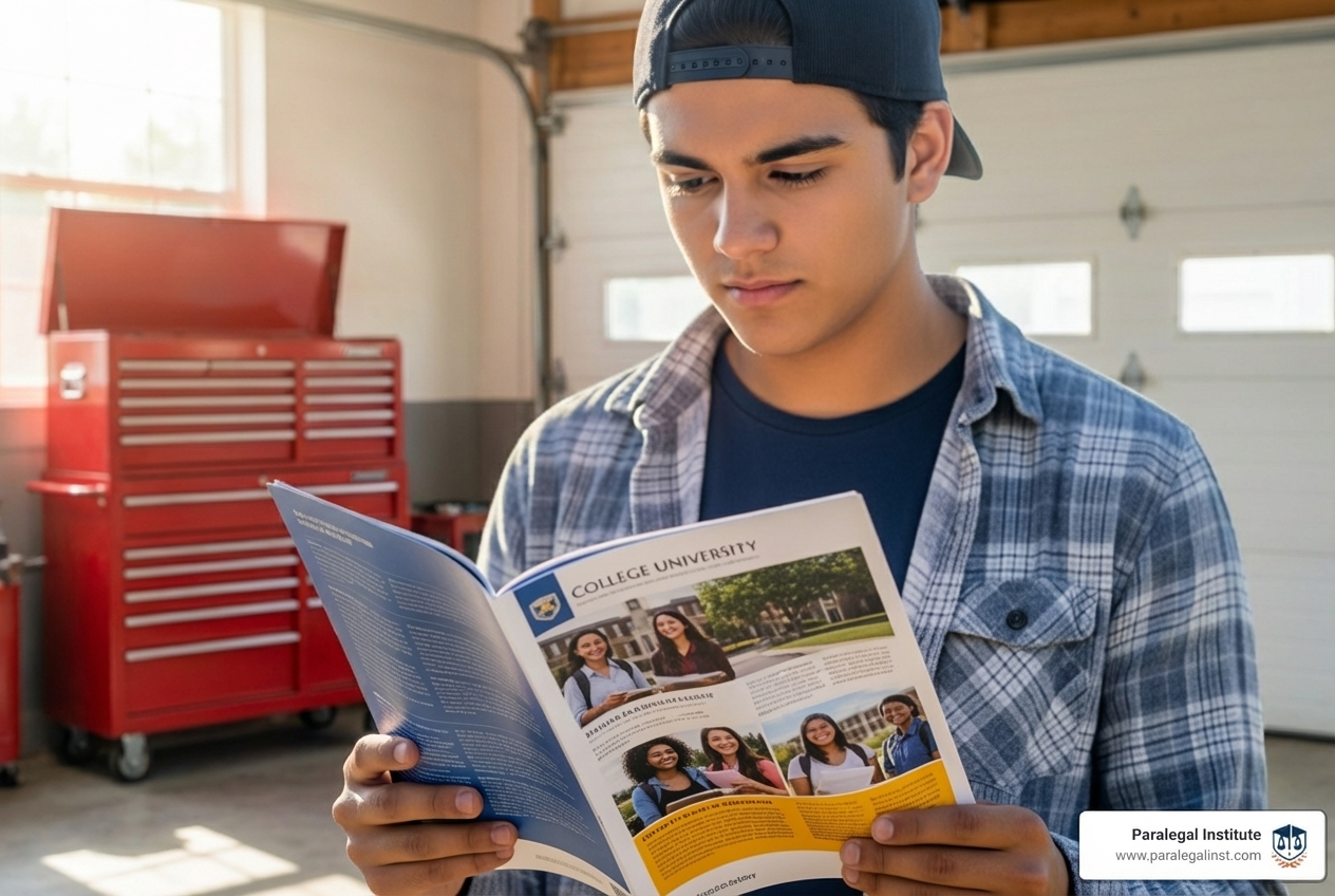 student looking at college brochure then clear path forward - paralegal tuition cost student looking at college brochure then clear path forward - paralegal tuition cost