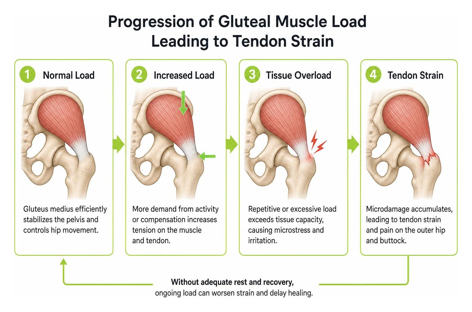 Progression of gluteal muscle load leading to tendon strain Progression of gluteal muscle load leading to tendon strain