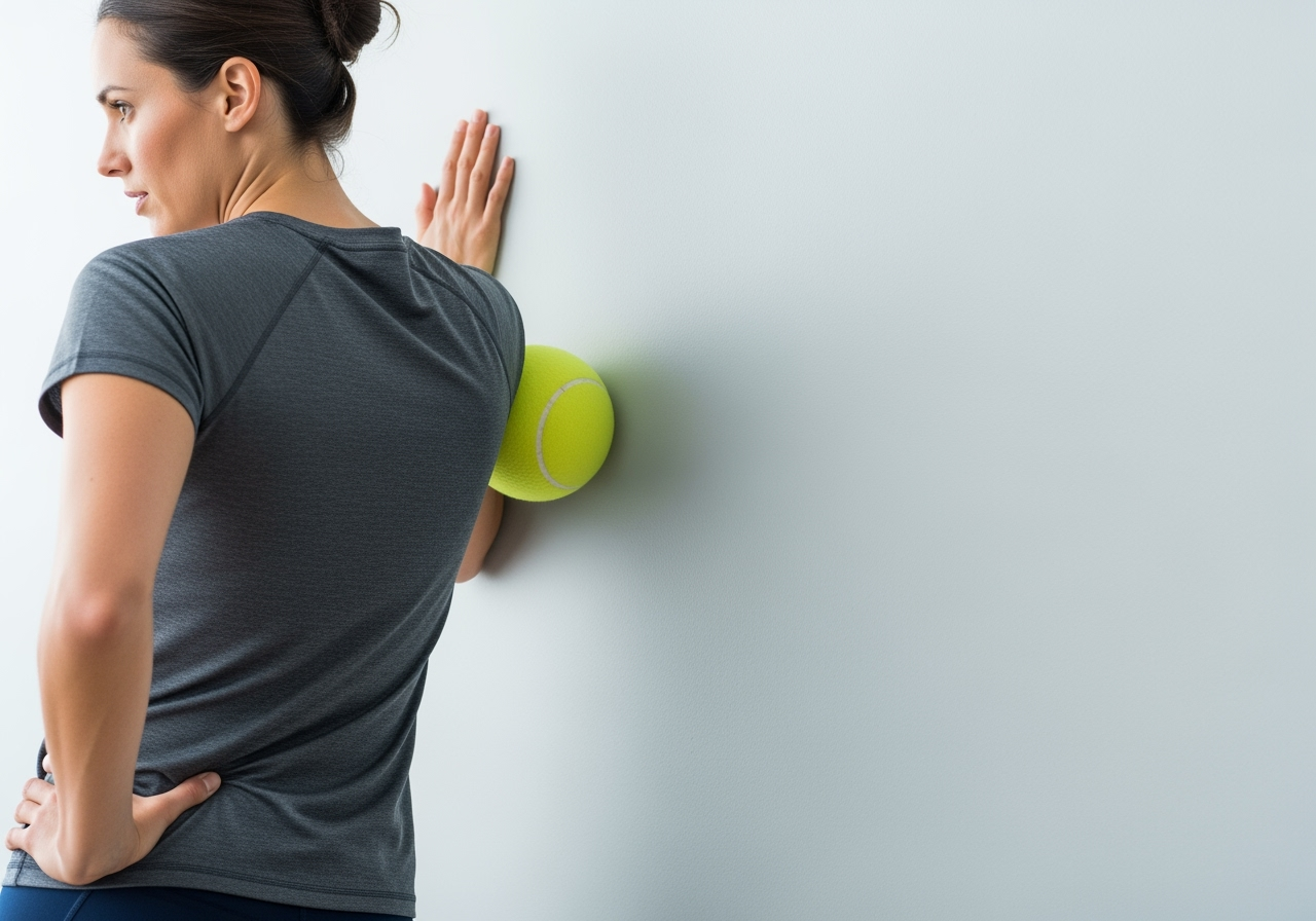 Person using a tennis ball for self-massage - how to relieve a muscle knot in shoulder blade