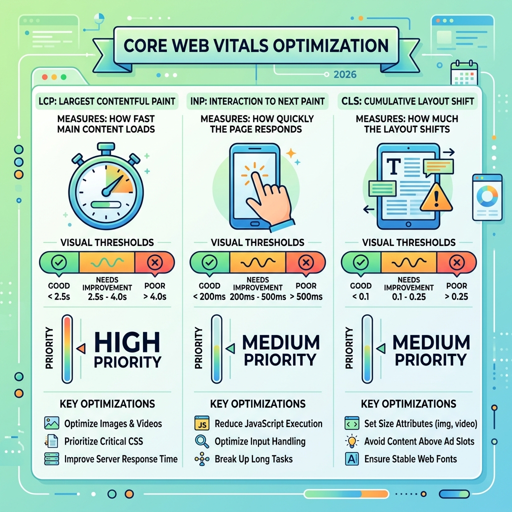 Infographic showing LCP, INP, and CLS metrics with thresholds and optimization priorities - core web vitals optimization Infographic showing LCP, INP, and CLS metrics with thresholds and optimization priorities - core web vitals optimization