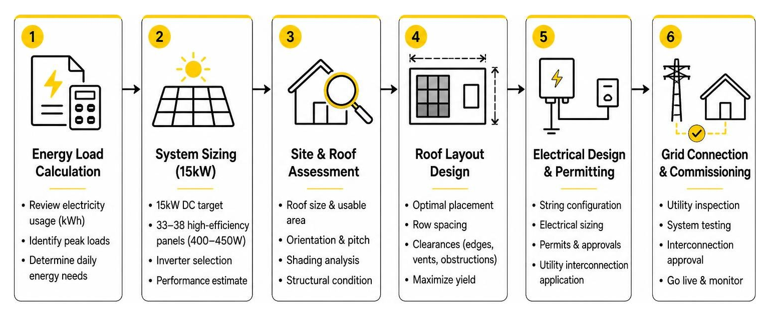 15kW solar system sizing process flow from energy load calculation to roof layout and grid connection 15kW solar system sizing process flow from energy load calculation to roof layout and grid connection