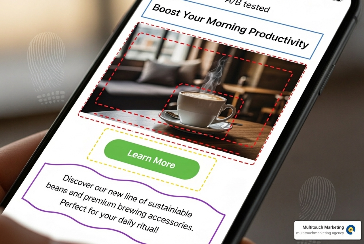 Social media post with elements highlighted for A/B testing including headline, image, call to action, and caption text - Social media A/B testing Social media post with elements highlighted for A/B testing including headline, image, call to action, and caption text - Social media A/B testing