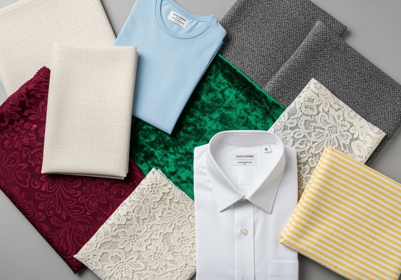 flat lay of different fabric types like cotton, linen, polyester, and velvet - design custom fabric
