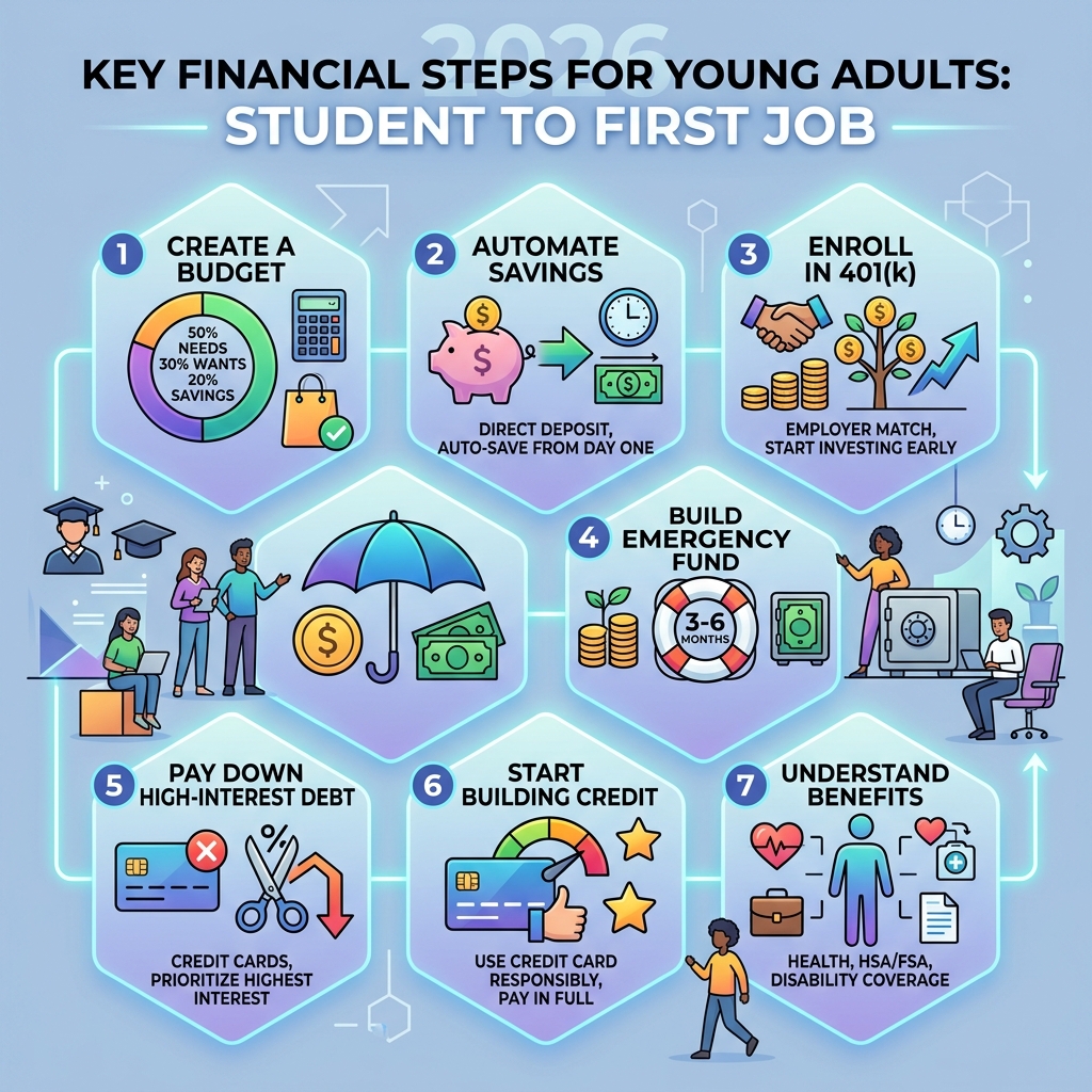 Key financial steps for young adults transitioning from student life to first job - first job financial tips infographic 
