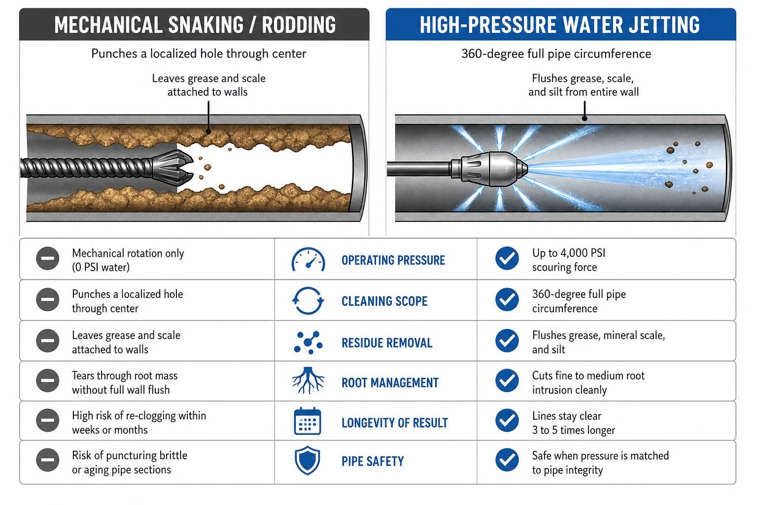 Diagram showing mechanical snaking poking a hole versus hydro jetting scouring the full pipe wall Diagram showing mechanical snaking poking a hole versus hydro jetting scouring the full pipe wall