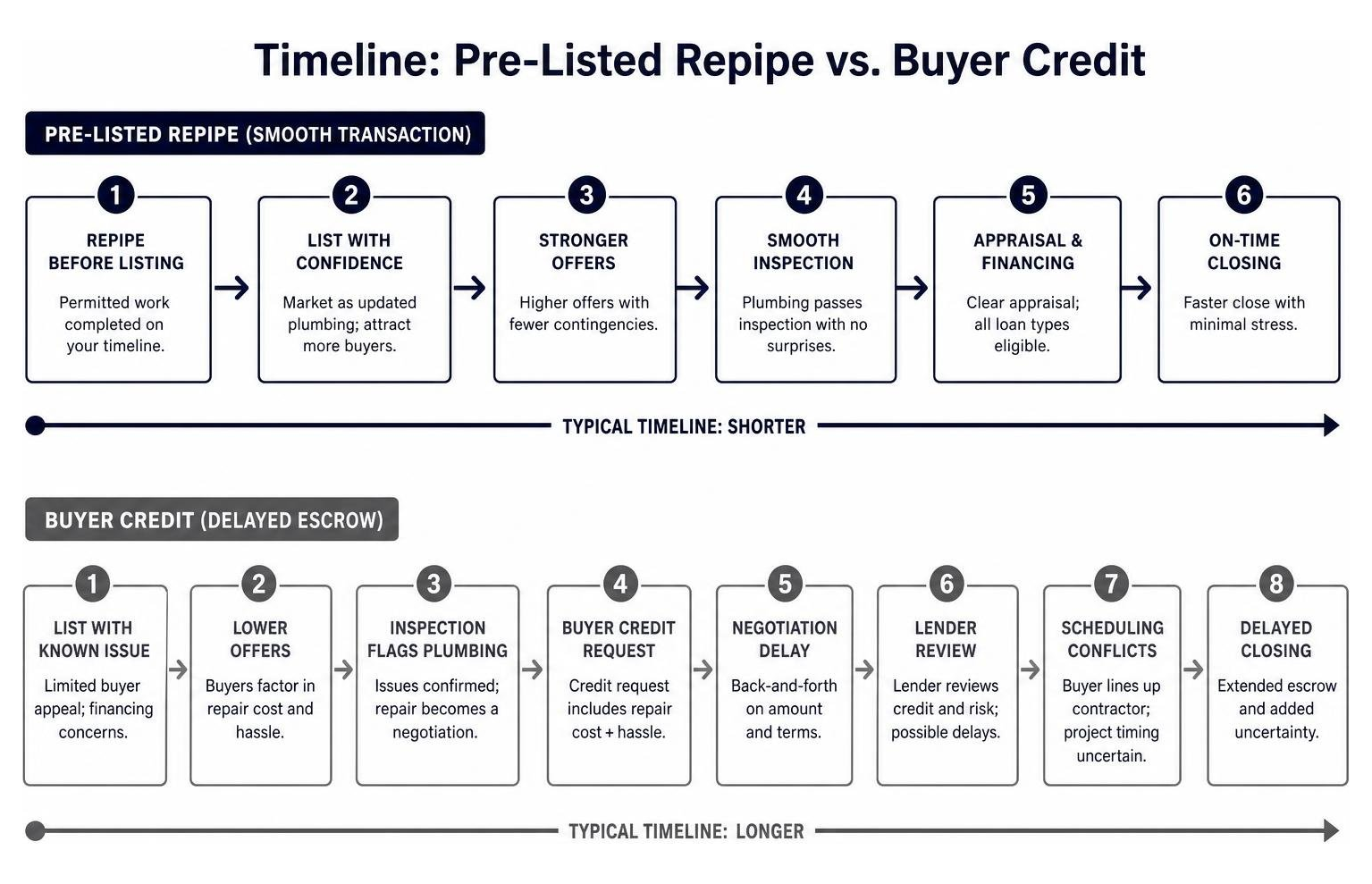 Timeline comparing a smooth, pre-listed repipe transaction versus a delayed escrow with buyer credit negotiations Timeline comparing a smooth, pre-listed repipe transaction versus a delayed escrow with buyer credit negotiations