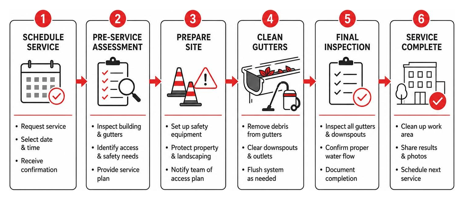 Workflow diagram showing the process of a professional commercial gutter cleaning service from scheduling to completion