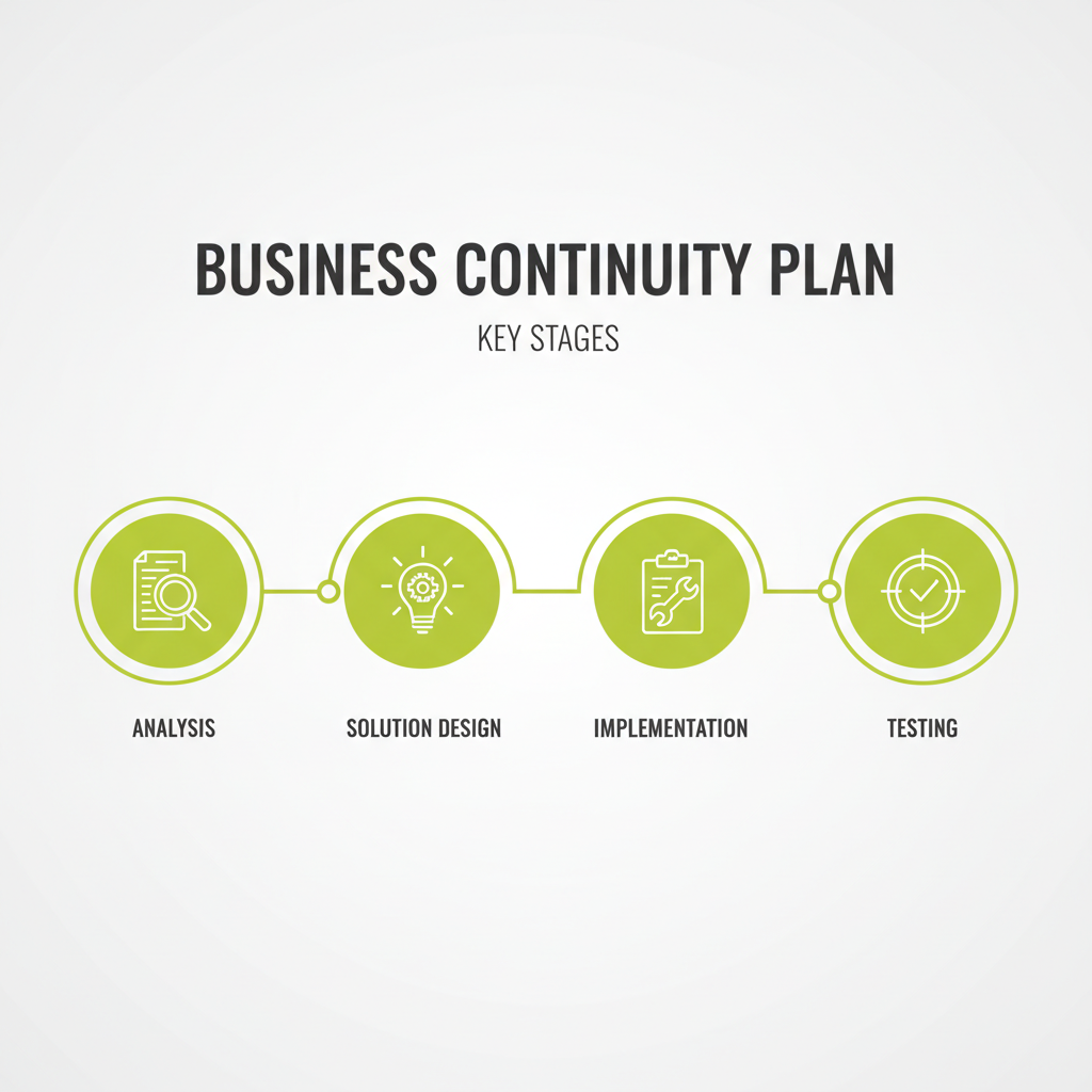 Key stages of a business continuity plan (BCP): analysis, solution design, implementation, and testing - mobile offices infographic 