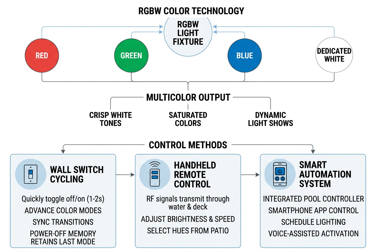 RGBW color changing underwater pool light modes and controls