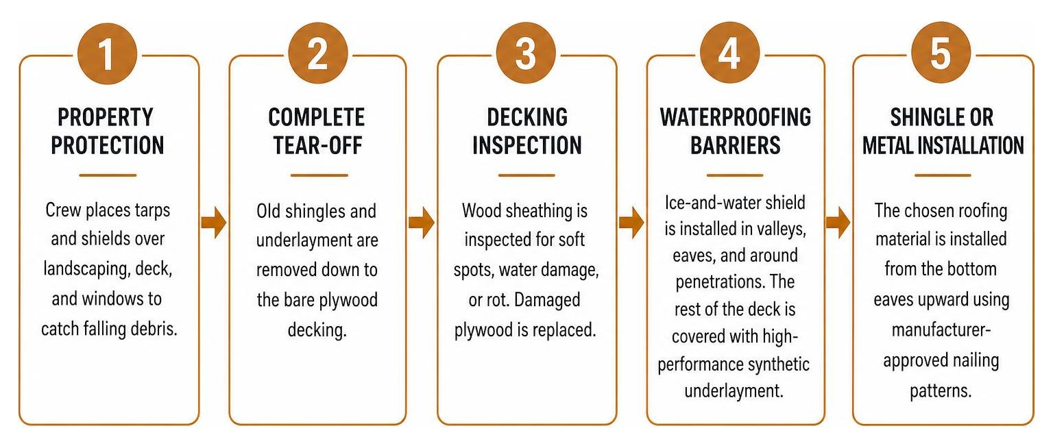 Step-by-step roof replacement process diagram Step-by-step roof replacement process diagram