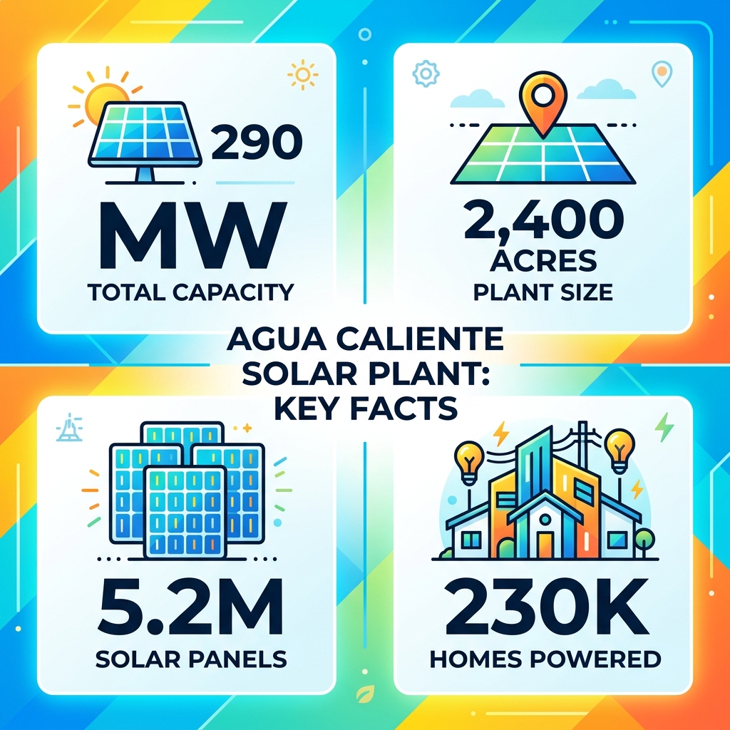 Infographic showing Agua Caliente solar plant key stats: 290MW capacity, 2400 acres, 5.2M panels, 230K homes powered - agua Infographic showing Agua Caliente solar plant key stats: 290MW capacity, 2400 acres, 5.2M panels, 230K homes powered - agua