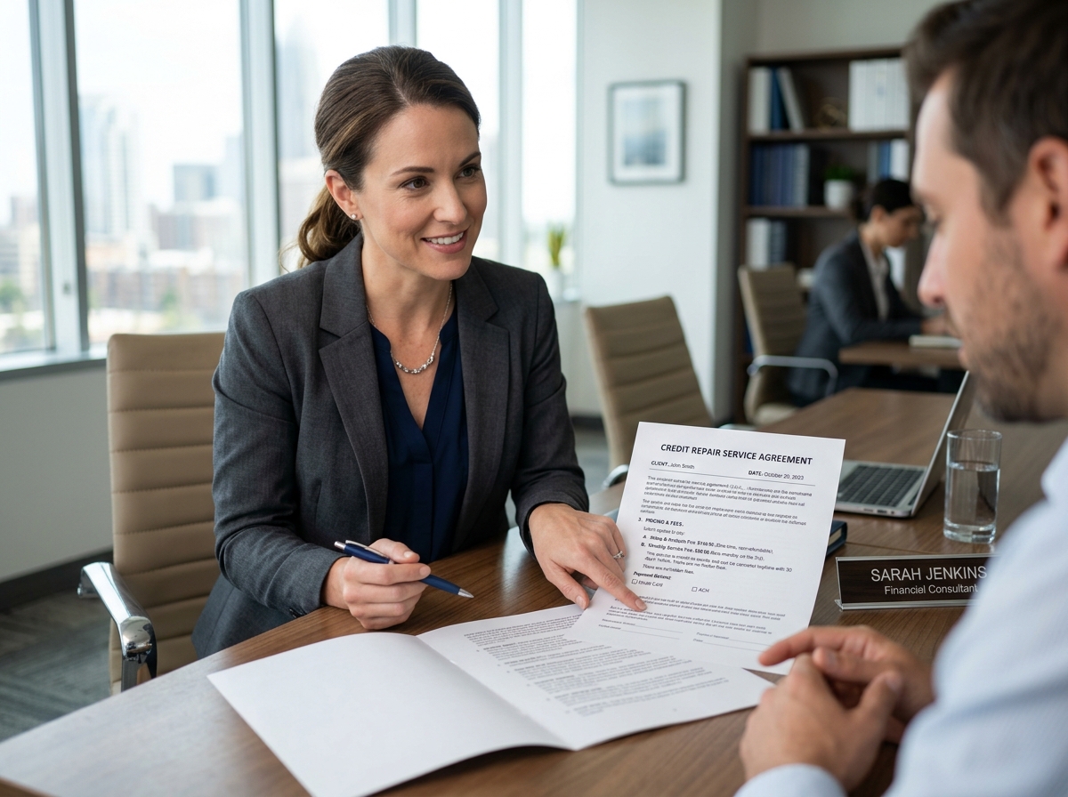 A person pointing to a clear, transparent pricing section on a service contract - affordable credit dispute service