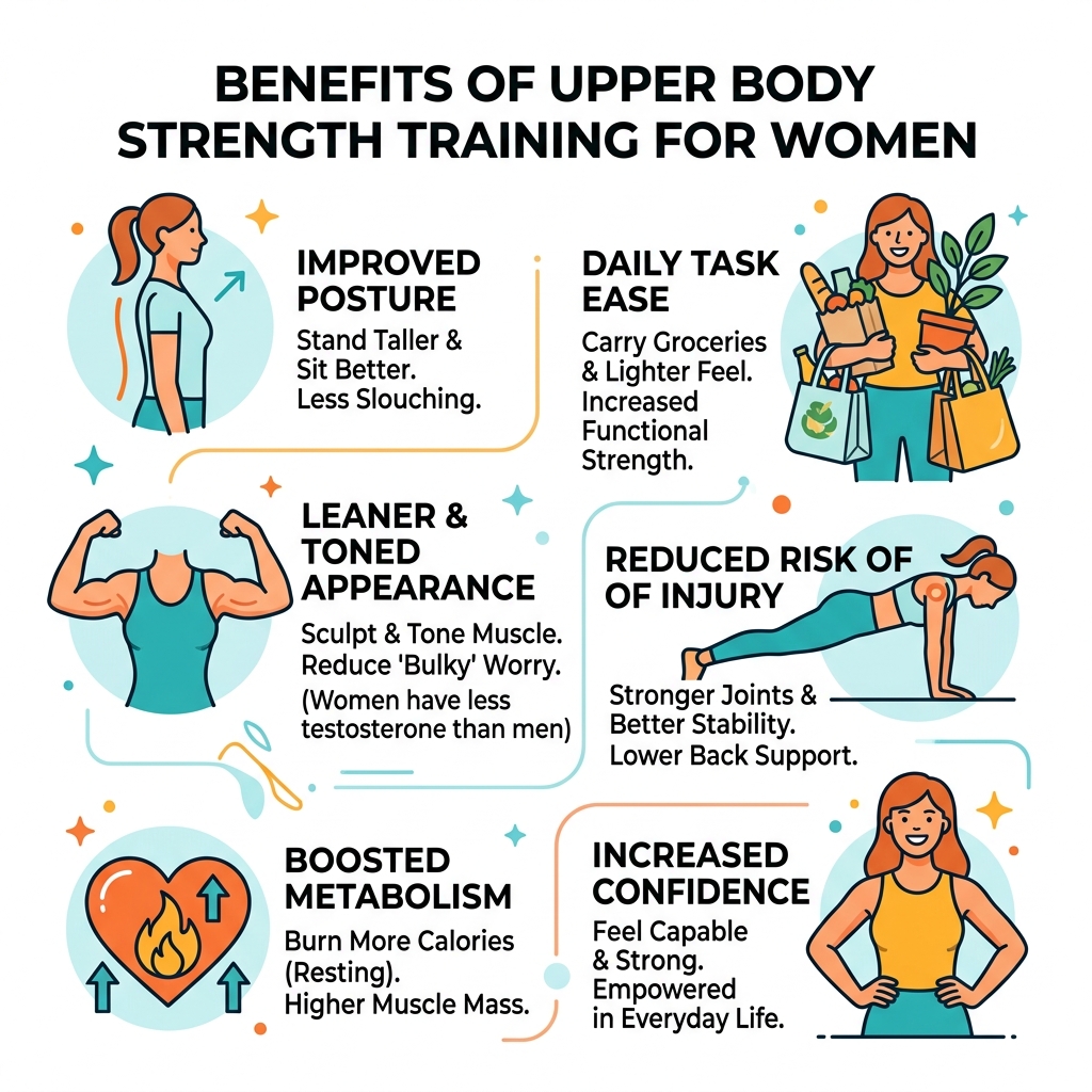 Benefits of upper body strength training for women infographic - upper body workout exercises for women infographic 