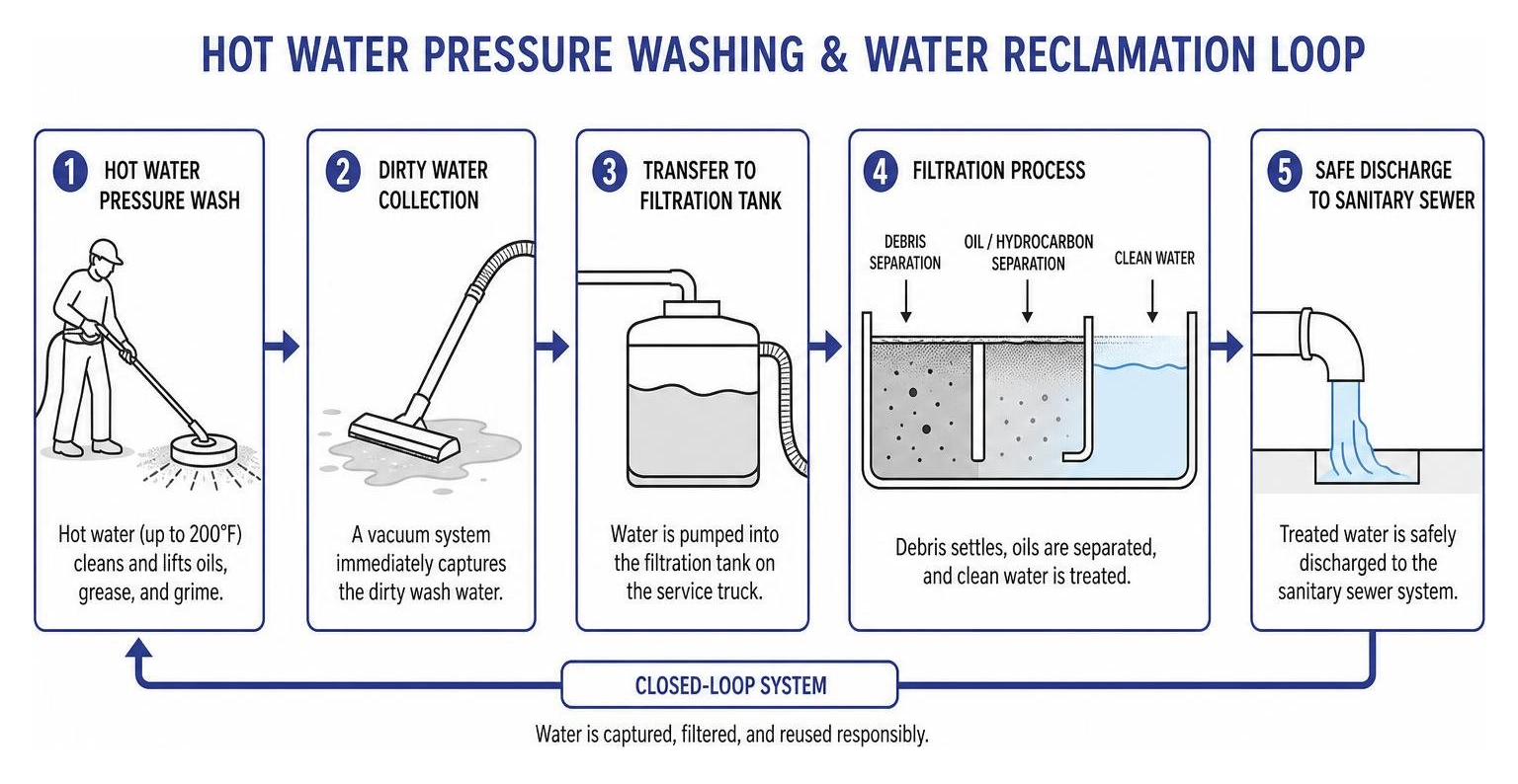 Diagram of the hot water pressure washing and water reclamation loop