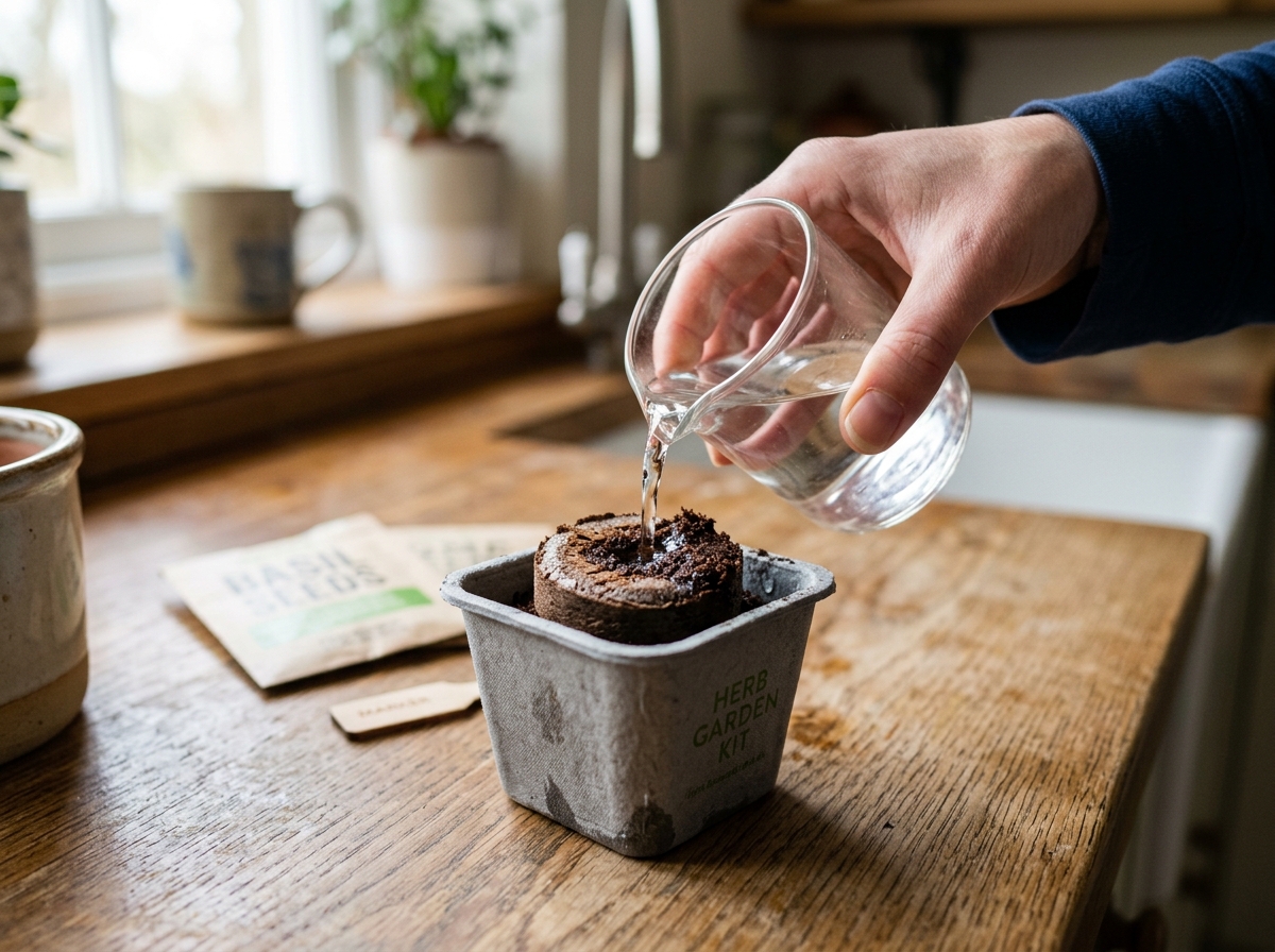 rehydrating a soil pellet with water in a grow kit - easy basil grow kit rehydrating a soil pellet with water in a grow kit - easy basil grow kit