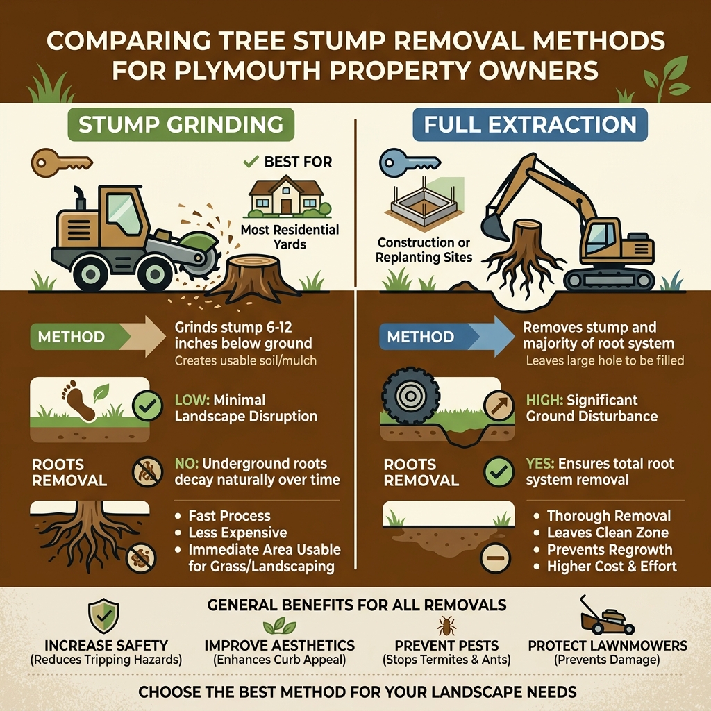 Infographic comparing stump grinding vs full removal methods for Plymouth property owners - Tree Stump Removal Plymouth