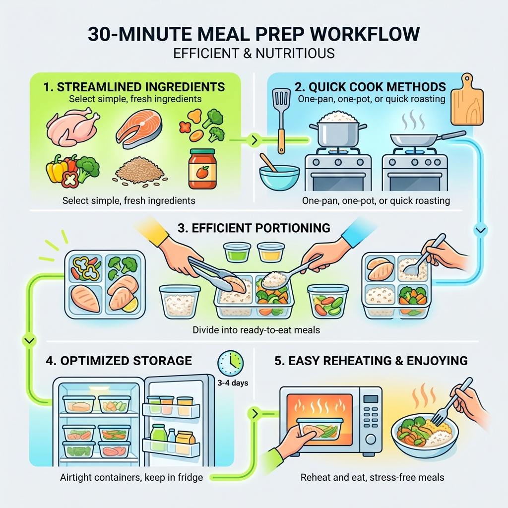 30-minute meal prep workflow: ingredients, cook methods, portioning, storage, and reheating steps - 30 minute healthy meal