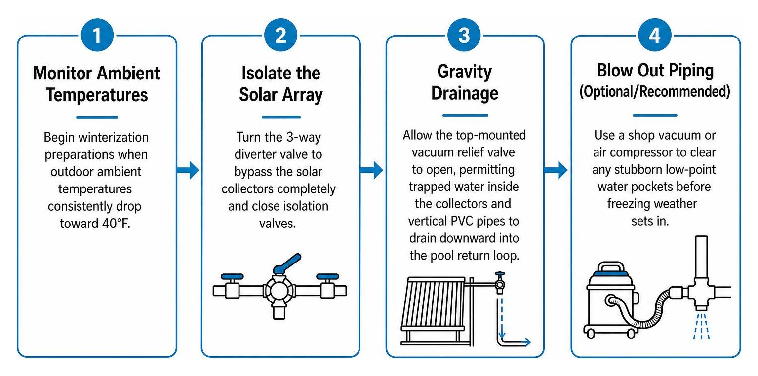 Winterization steps for solar pool heaters