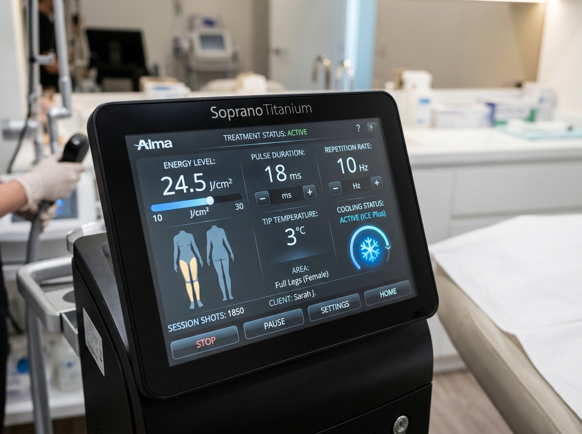 Soprano Titanium device interface showing treatment parameters and cooling status - alma laser hair removal Soprano Titanium device interface showing treatment parameters and cooling status - alma laser hair removal