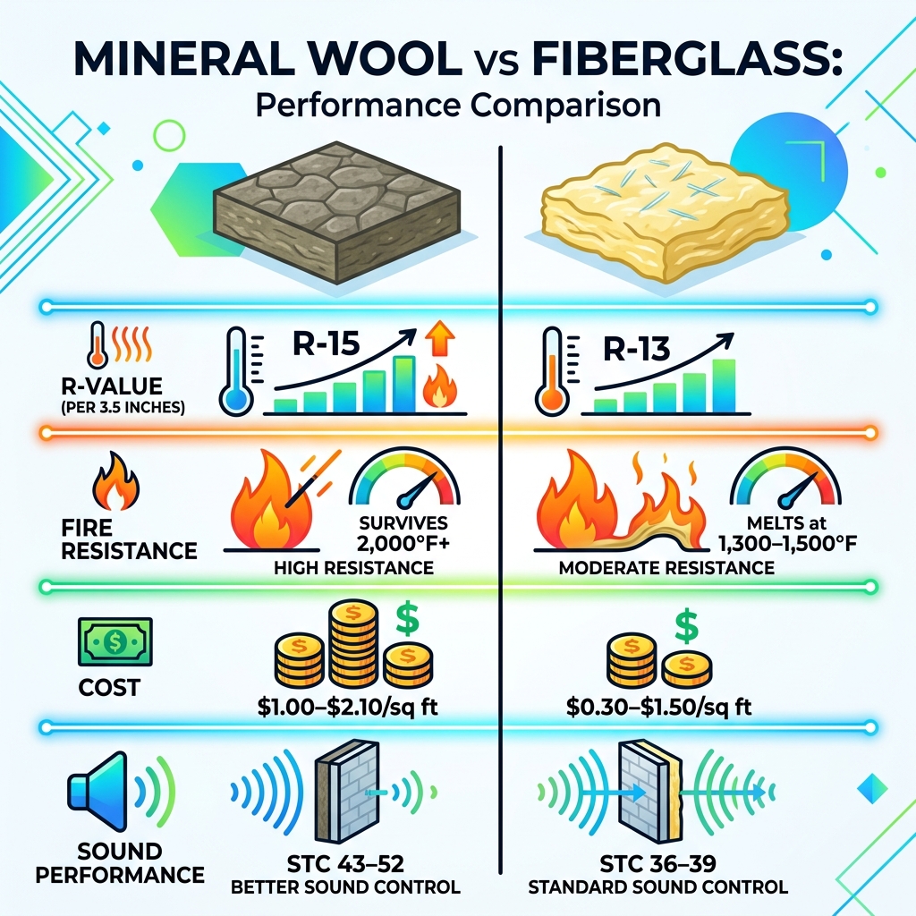 mineral wool vs fiberglass comparison infographic showing R-value, fire rating, cost, and sound performance - mineral wool mineral wool vs fiberglass comparison infographic showing R-value, fire rating, cost, and sound performance - mineral wool