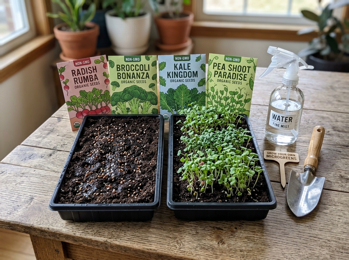 Basic starter toolset for growing microgreens including seeds, spray bottle, and small trays - microgreens growing supplies