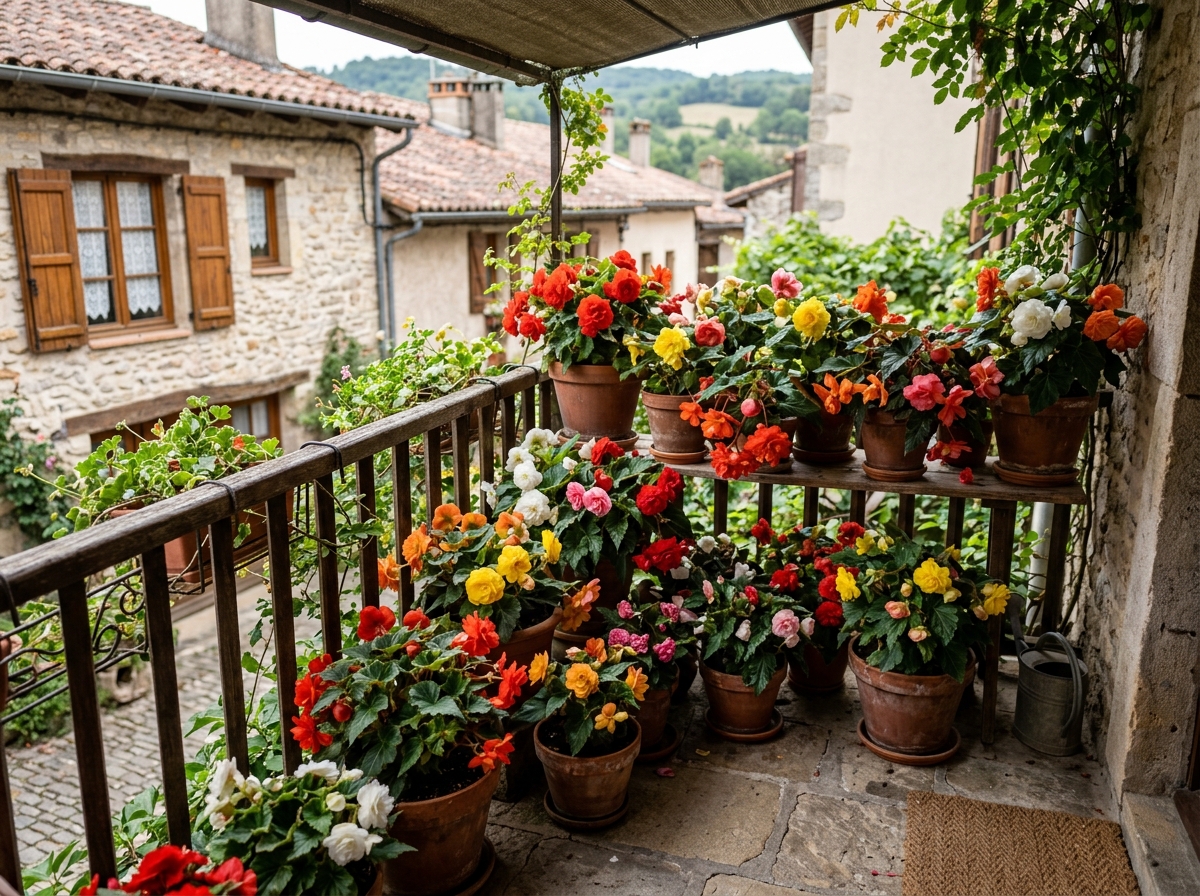colorful tuberous begonias in pots on a shaded balcony - shade loving plants for balcony colorful tuberous begonias in pots on a shaded balcony - shade loving plants for balcony