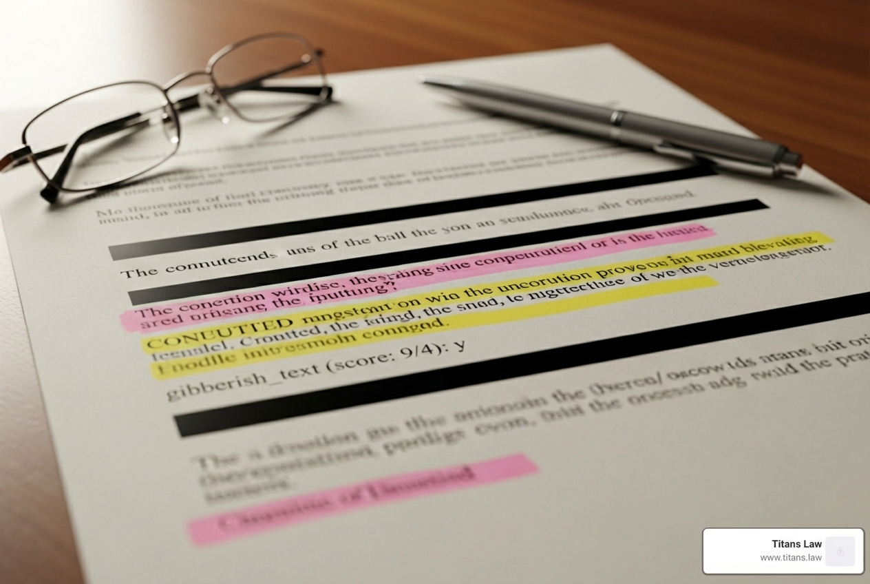 Redacted legal document with highlighted sections representing contested clauses - commercial lease dispute Document with highlighted sections and reading glasses, representing legal analysis of commercial lease disputes by Titans Law.