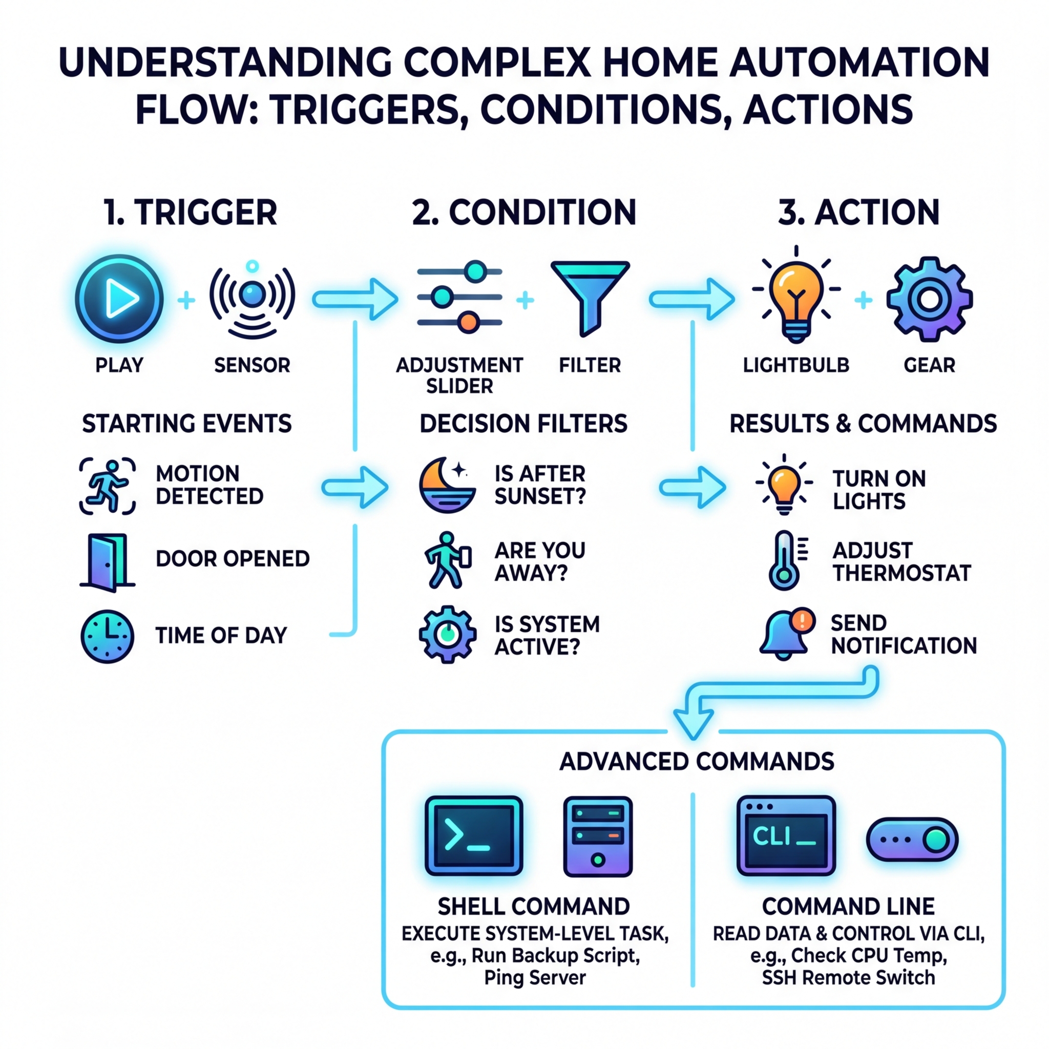Infographic showing the flow of triggers, conditions, and actions in complex home automation - complex home automation