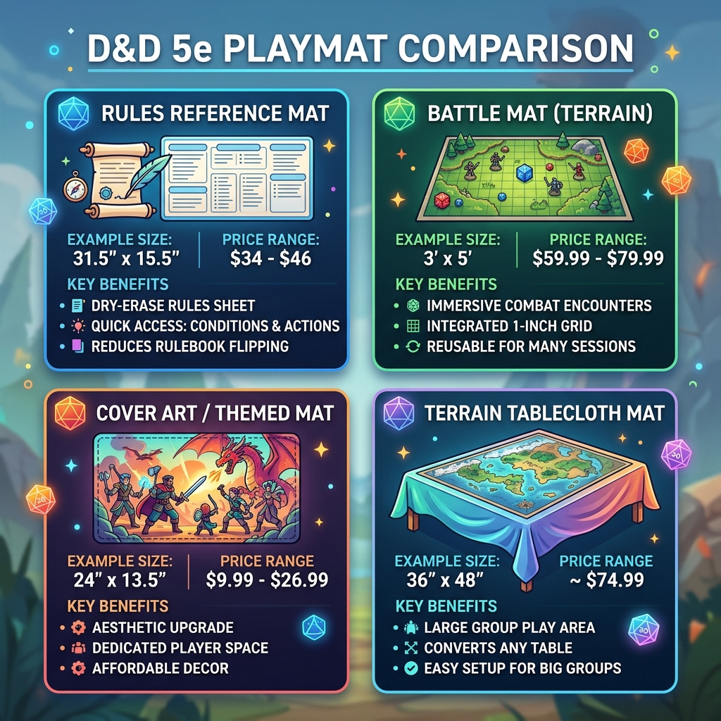 Infographic showing D&D 5e playmat types, sizes, and price ranges with key benefits - dnd 5e playmat infographic Infographic showing D&D 5e playmat types, sizes, and price ranges with key benefits - dnd 5e playmat infographic
