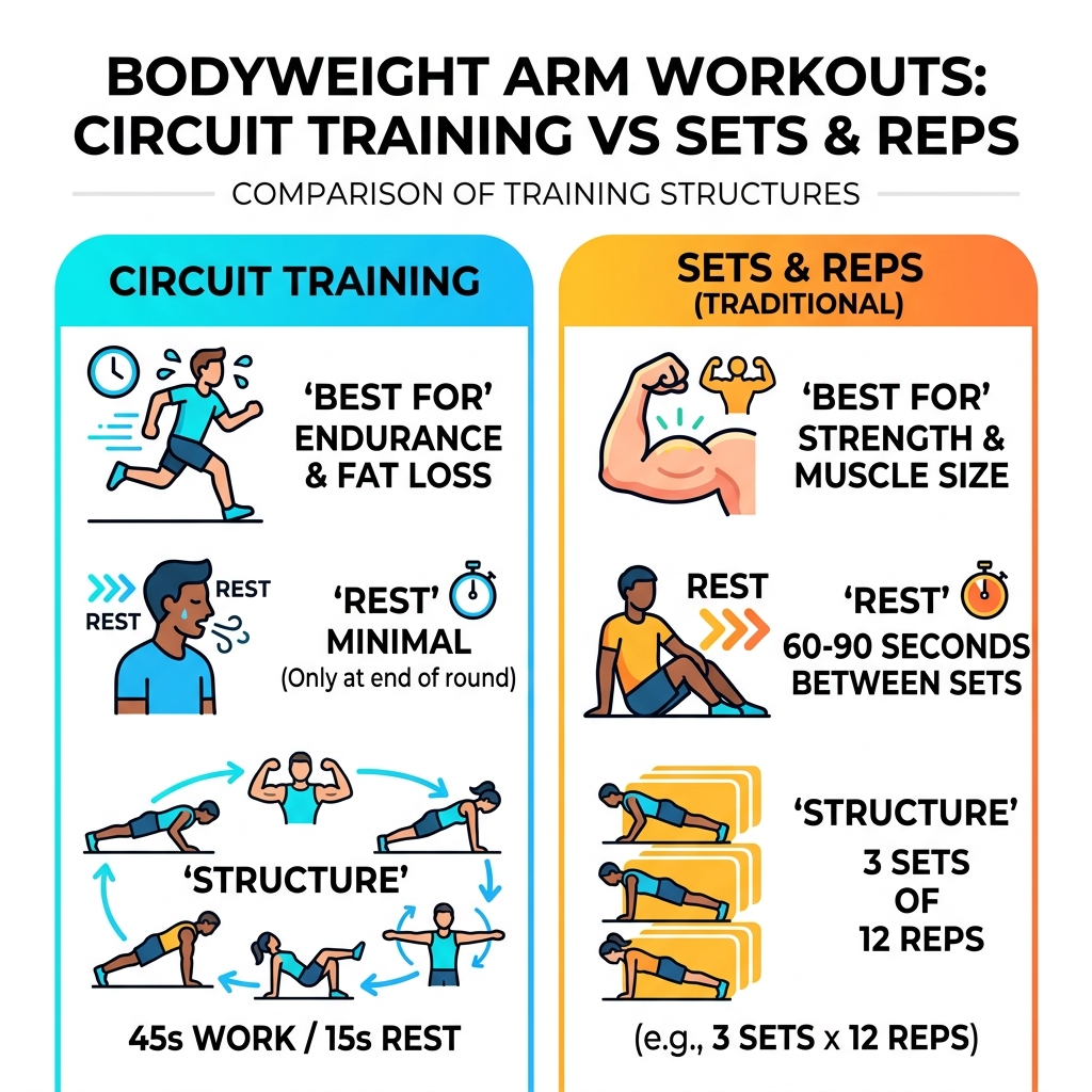 Comparison of circuit training vs sets and reps for arm workouts - bodyweight arm exercises infographic 