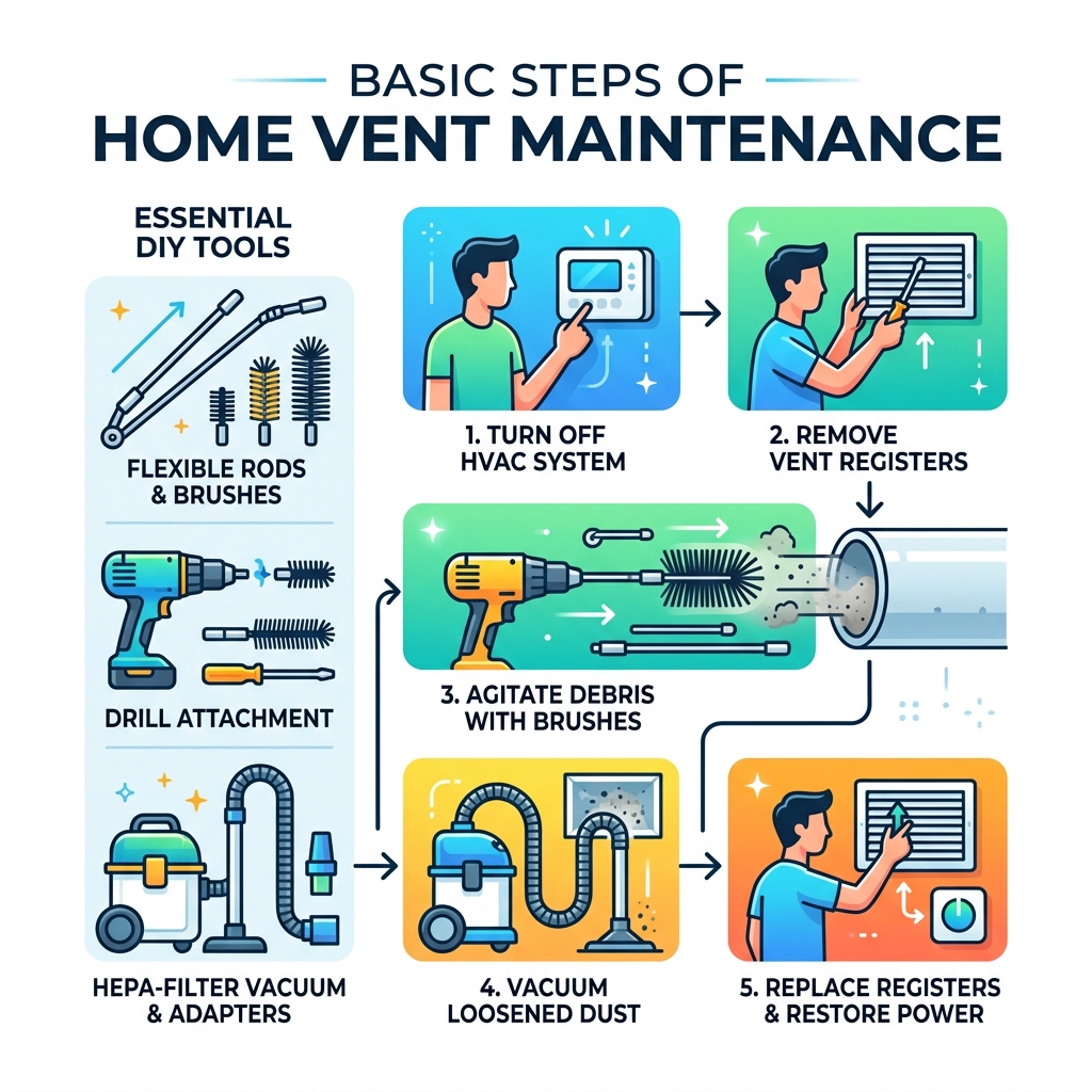 Basic steps of home vent maintenance infographic with tools and process overview - diy duct cleaning kit infographic Basic steps of home vent maintenance infographic with tools and process overview - diy duct cleaning kit infographic
