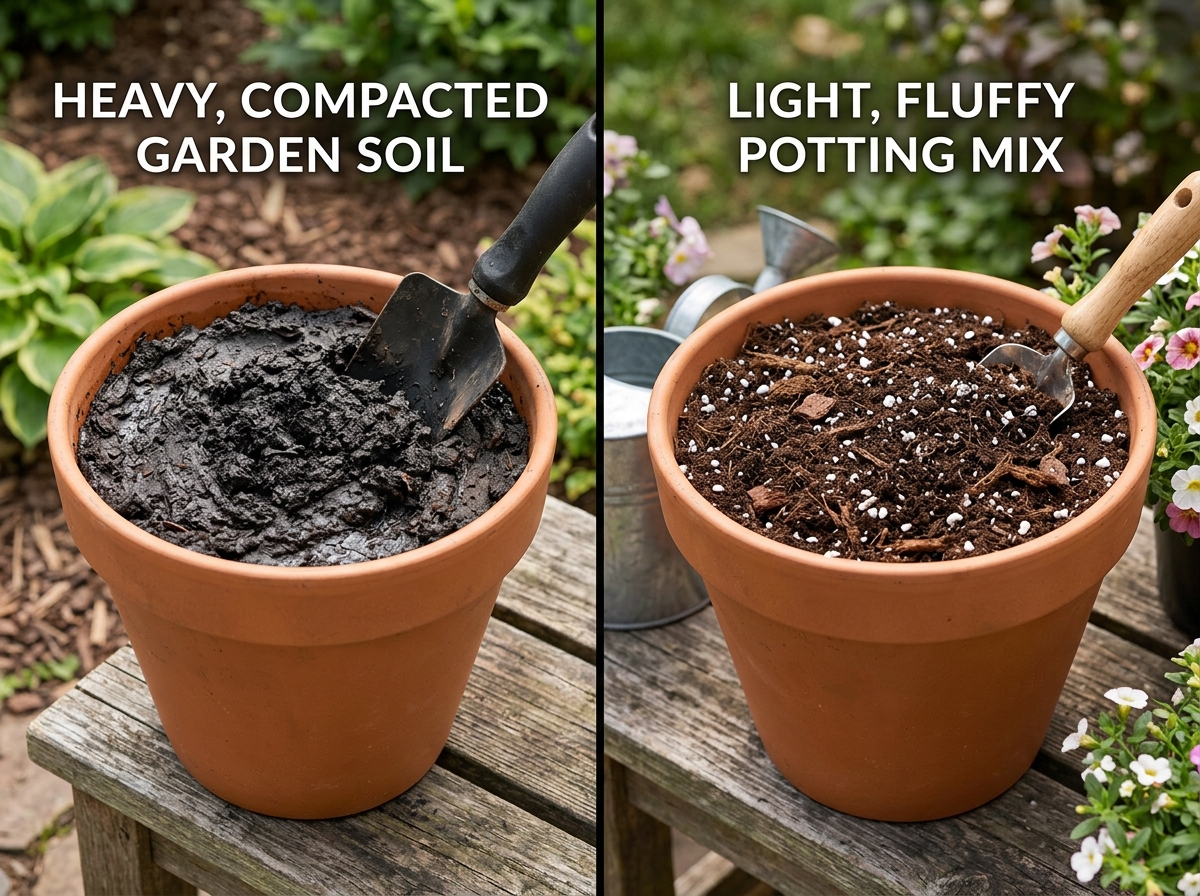 Comparison of heavy garden soil vs light, fluffy potting mix - houseplant soil mix recipes Comparison of heavy garden soil vs light, fluffy potting mix - houseplant soil mix recipes