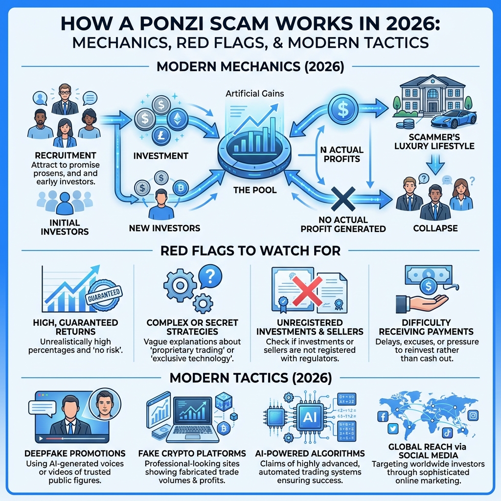 How a Ponzi scam works in 2026 - mechanics, red flags, and modern tactics - Ponzi scam 2026 infographic How a Ponzi scam works in 2026 - mechanics, red flags, and modern tactics - Ponzi scam 2026 infographic