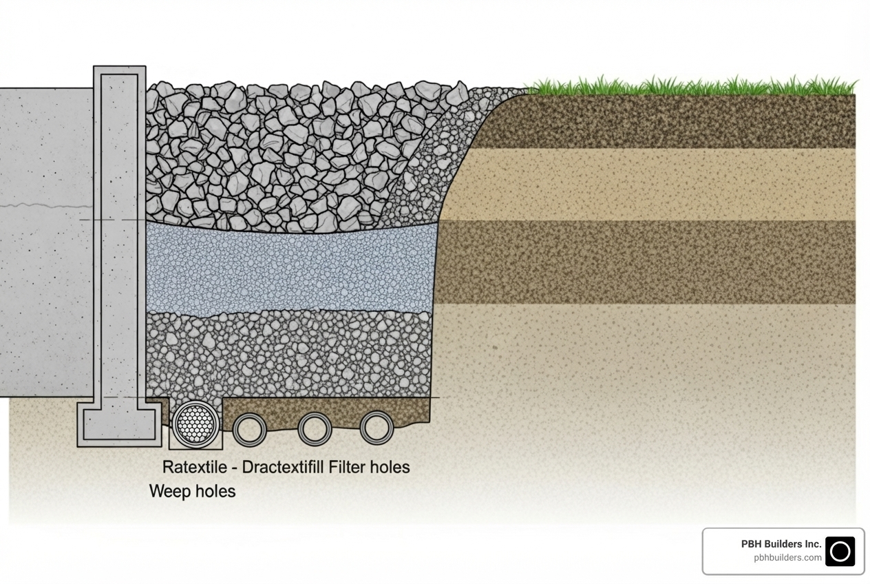 diagram showing the key components of a retaining wall drainage system including gravel backfill, filter fabric, perforated pipe, and weep holes - how to add drainage to a retaining wall