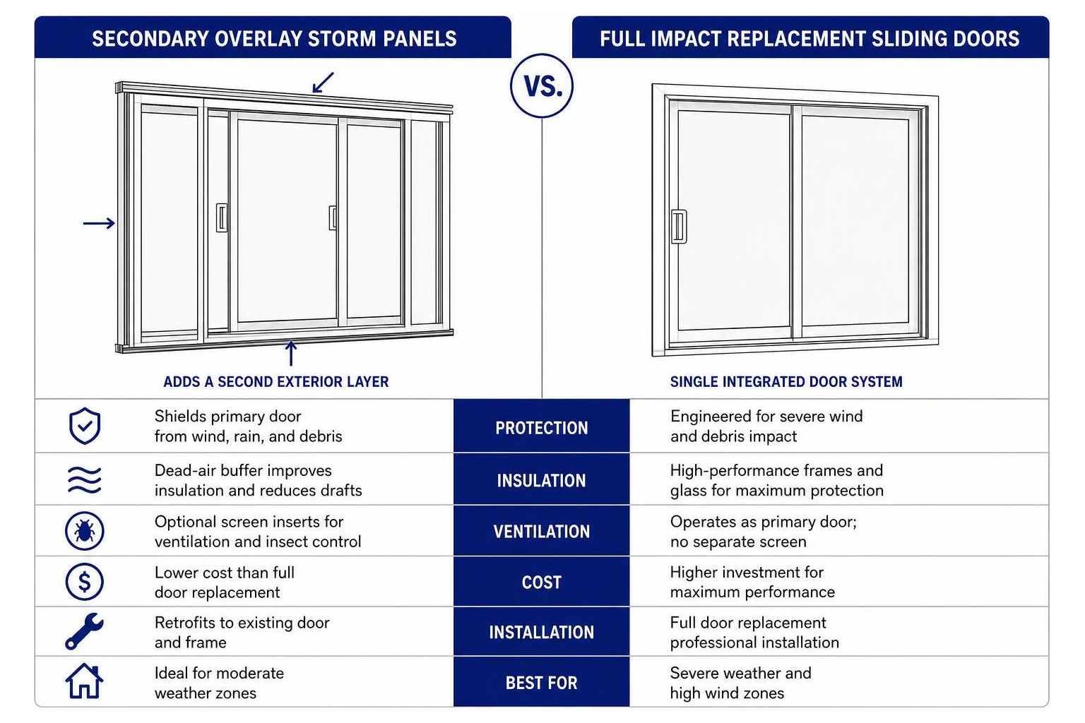 Comparison diagram showing secondary overlay storm panels versus full impact replacement sliding doors