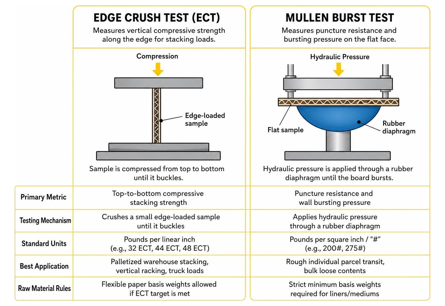 diagram showing ECT vertical compression test versus Mullen hydraulic puncture test diagram showing ECT vertical compression test versus Mullen hydraulic puncture test