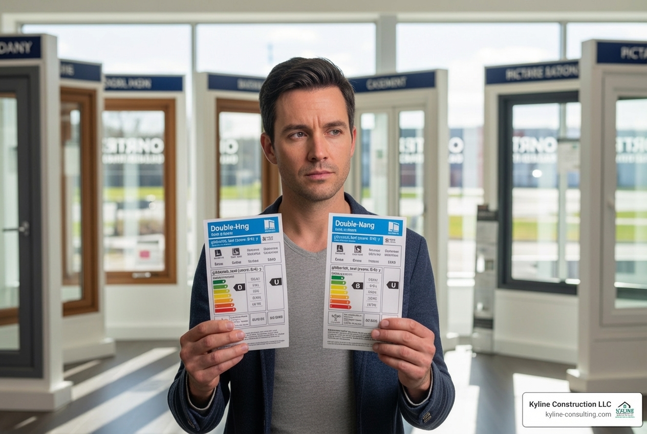 image of a homeowner comparing two window labels in a showroom - Window efficiency ratings image of a homeowner comparing two window labels in a showroom - Window efficiency ratings