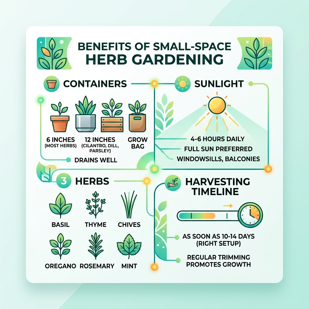 Benefits of small-space herb gardening: containers, sunlight, herbs, harvesting timeline - compact herb garden infographic 
