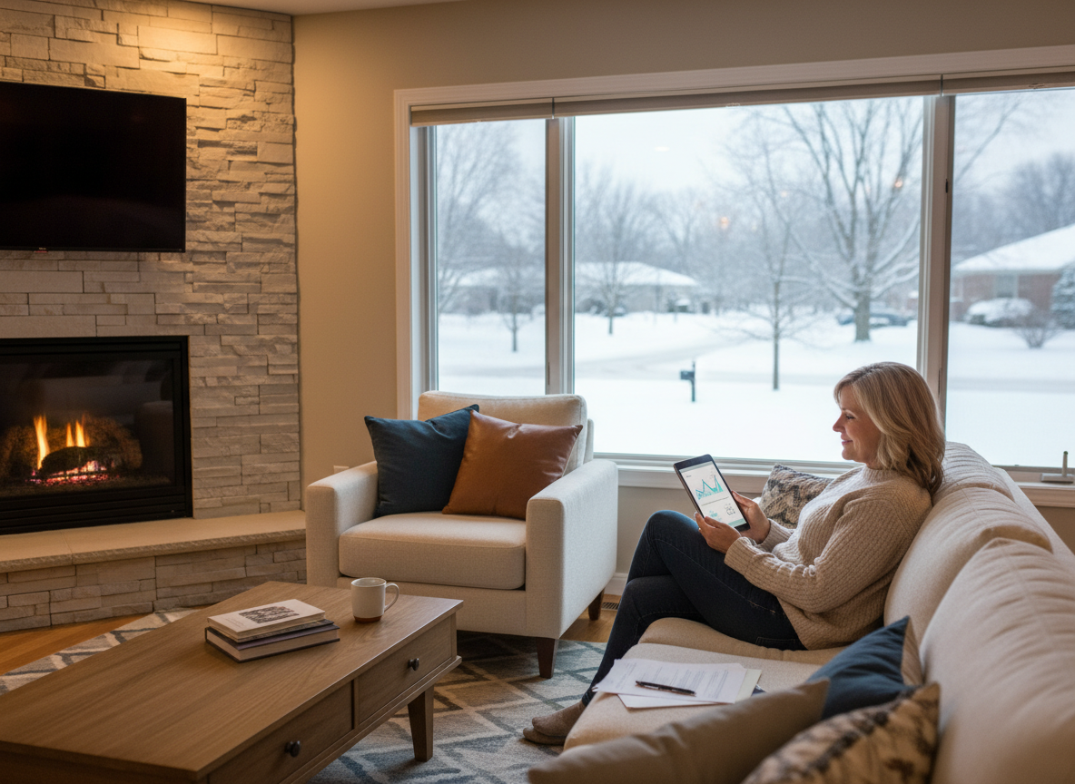 Homeowner in a Glenview living room reviewing energy savings and tax credit documents on a tablet - well connect geothermal