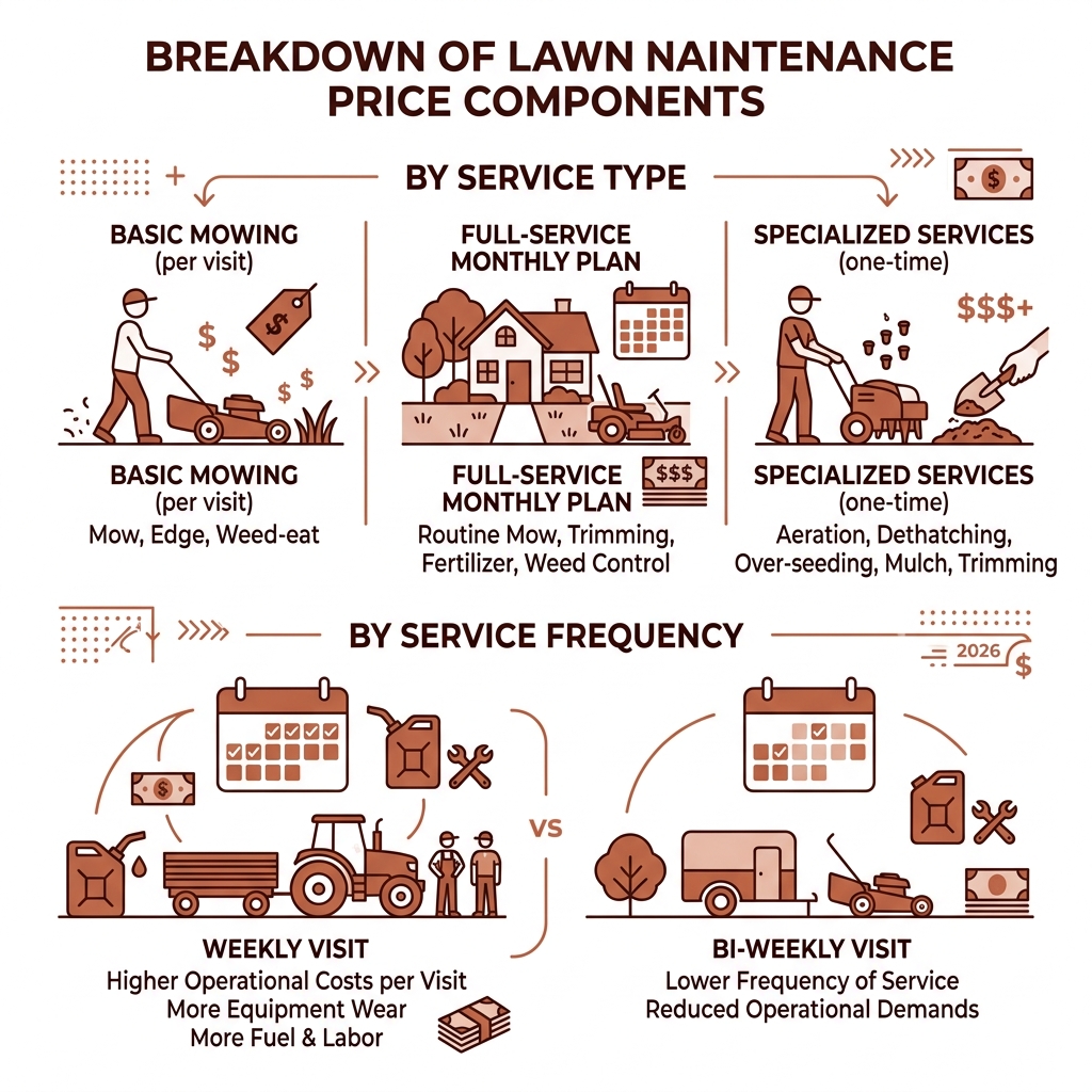 Infographic showing breakdown of lawn maintenance components by service type and frequency Infographic showing breakdown of lawn maintenance components by service type and frequency