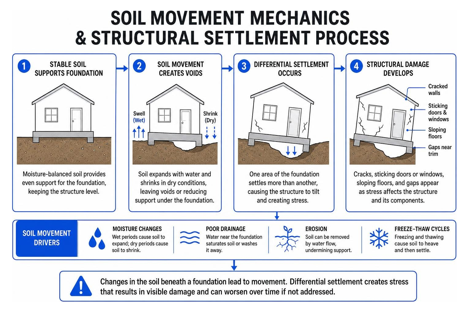 Soil movement mechanics and structural settlement process Soil movement mechanics and structural settlement process