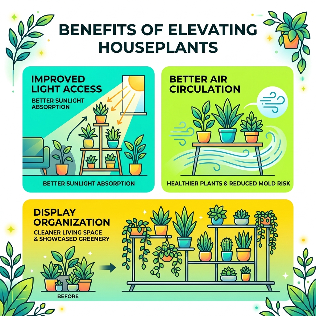 Benefits of elevating houseplants infographic showing improved light access, air circulation, and display organization