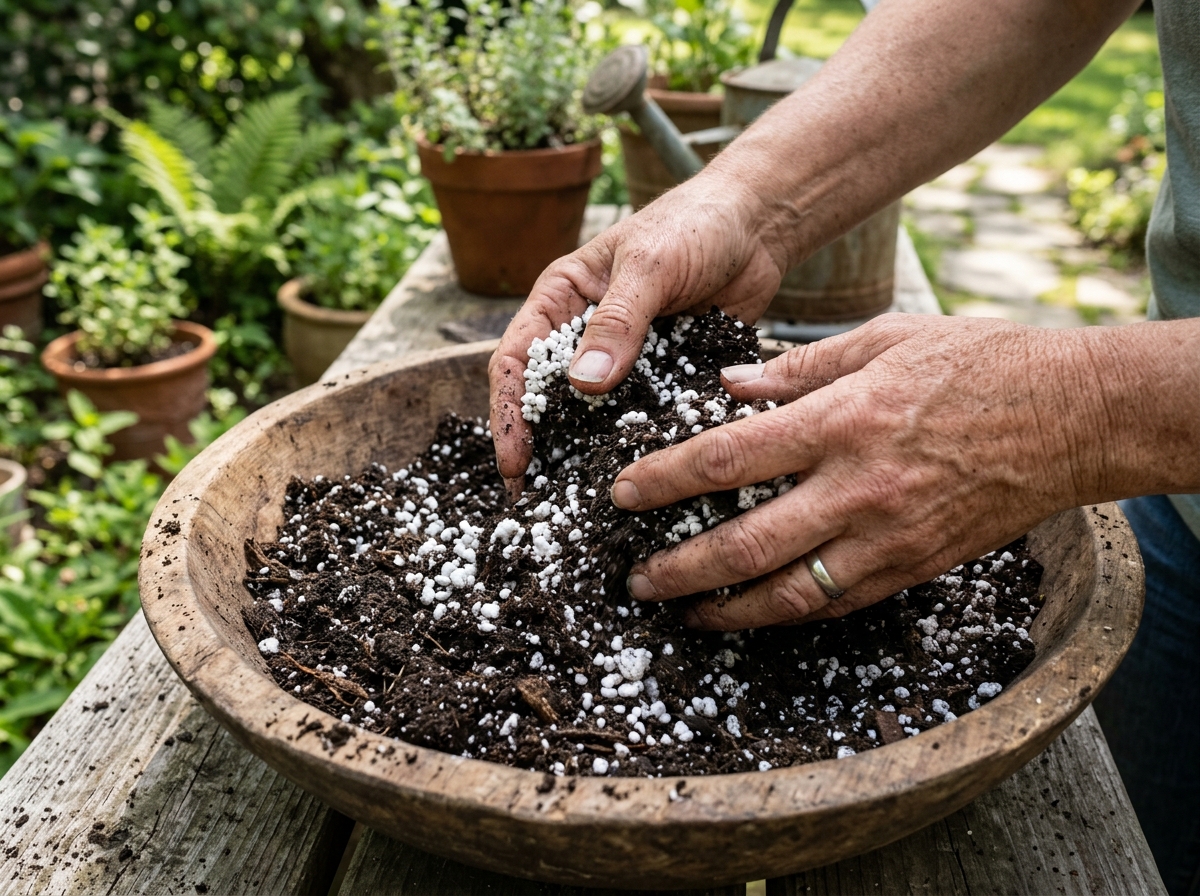 Mixing perlite into potting soil to reduce weight and increase aeration - Lightweight potting mix Mixing perlite into potting soil to reduce weight and increase aeration - Lightweight potting mix