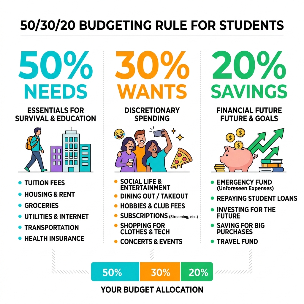Infographic showing the 50/30/20 budgeting rule for students: 50% needs, 30% wants, 20% savings - how to budget your money